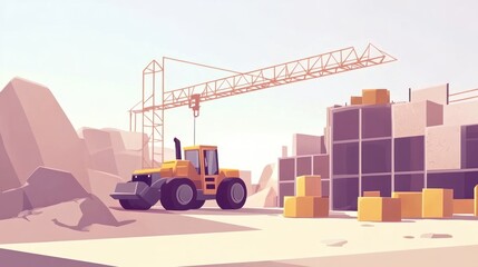 Roller at a construction site with a crane, and building materials, for industrial use