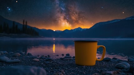 Yellow mug on lake shore under starry night sky.