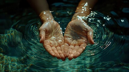 Pure water surface with human hands and ripples.
