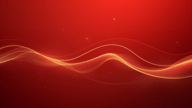 Abstract glowing golden energy wave flowing across a vibrant red background with subtle sparkling particles