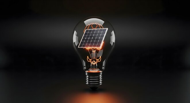 Conceptual 3D illustration showing a photovoltaic solar panel inside a glowing incandescent light bulb, symbolizing clean renewable energy and innovation.