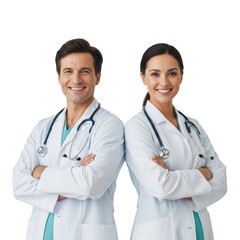 Fototapeta premium Two smiling doctors wearing white coats and stethoscopes isolated on transparent background