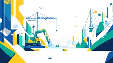 Excavator working at a building site with crane and other constructions. Can be used for construction or design