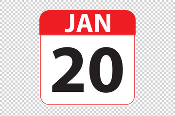 January 20 dates calendar icon.  simple and modern calendar icon on white background.