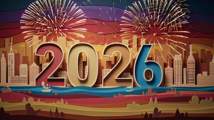 Festive fireworks illuminate vibrant urban skyline celebrating 2026 new year