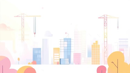 Cityscape with construction cranes building a skyline, light background, for website or presentations