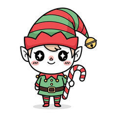 Festive Elf with Candy Cane: A charming cartoon elf, dressed in traditional festive attire, joyfully holds a candy cane, its eyes sparkling with holiday cheer.