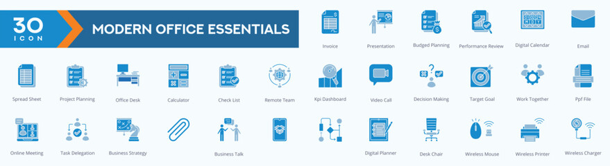 Modern Office Essentials icons collection vector images Duotone Set,
containing several invoice, presentation, budget planning, performance review, email and more.
for Web icons set.