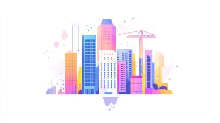 Colorful city skyline with construction crane, rendered in an abstract style, for graphics use