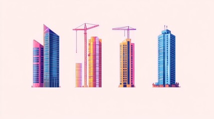 4 stylized buildings with construction cranes, on a simple background, for real estate design