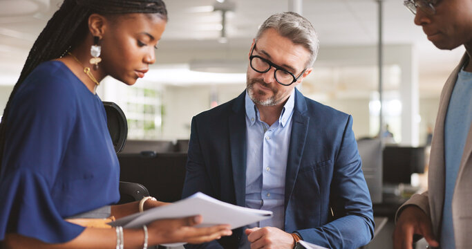 Business people, reading or discussion in office with paperwork review, project management or planning. Team, talking and strategy in meeting for progress report, document feedback and collaboration. - Powered by Adobe