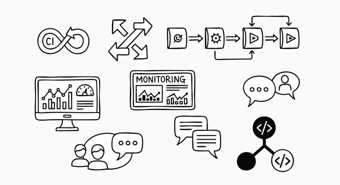 Doodle DevOps software development process vector illustration icon set continuous integration delivery monitoring analytics communication coding flat design technology