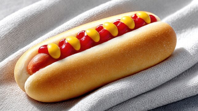 Close up of a delicious hot dog in a soft bun topped with bright red ketchup and yellow mustard presented on a textured gray cloth with soft natural lighting creating a appetizing visual. - Powered by Adobe