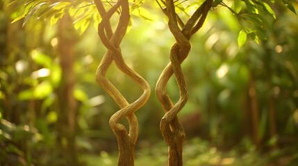 synchronized. Two tropical trees with intertwined branches sway gently in the breeze. safety posters, maintenance manuals, designed for industrial assembly lines and welding operations.