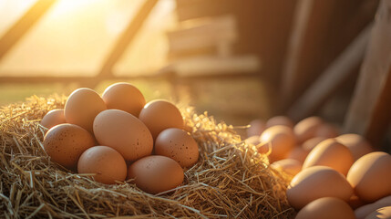 Fresh brown eggs nestled in golden hay under warm morning light on local farm