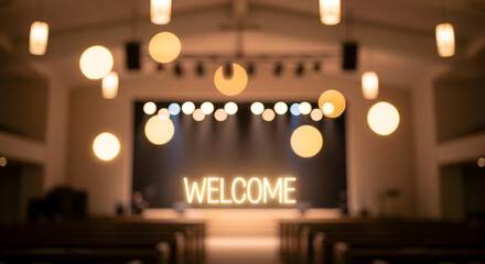 Warm Welcome to Our Church: A Blurry Interior Scene, A Glowing Invitation to Our Services: Church Hall with Illuminated 'WELCOME' Sign