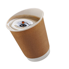 Inclined disposable paper cup with freshly brewed coffee with wave and drop, isolated on white background