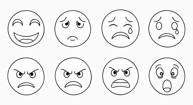 Various outlined facial expression emoticons showing diverse human feelings emoji reactions diverse emotions vector illustration flat design outline lineart set