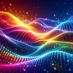 Fototapeta premium A vibrant, abstract digital art piece showcasing colorful wave-like patterns and radiant particles of light against a dark background