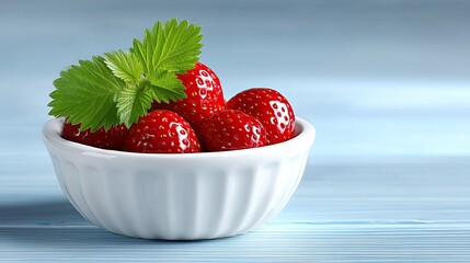 Close up of vibrant red strawberries with fresh green mint leaves nestled in a white ceramic bowl on a rustic blue wooden table