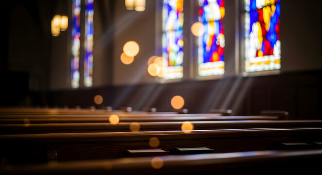 Sunlight Streaming Through Stained Glass Windows in Empty Church , Tranquil Church Interior with Sunlight and Rows of Empty Wooden Pews