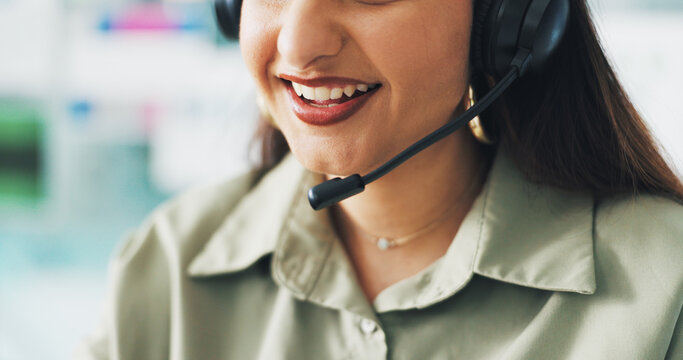 Headset, communication and mouth of businesswoman in office for crm, customer service or contact us. Mic, talking and female technical support consultant with online consultation in workplace.