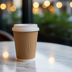 Warm beverage in a disposable cup on a marble surface