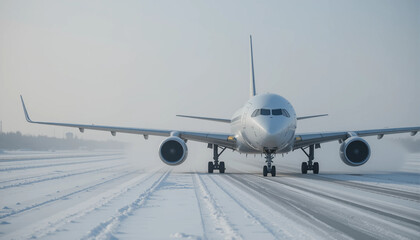 Naklejka premium Commercial airplane landing on a snowy runway during winter weather, aviation transportation scene