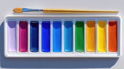 A metal paint palette filled with vibrant watercolor paints in shades of purple blue green yellow and orange with a golden paintbrush resting above on a white surface under bright light
