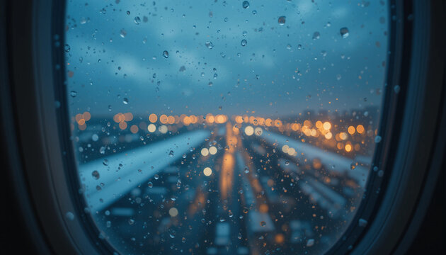 View of the runway through an airplane window with raindrops on the glass at dusk