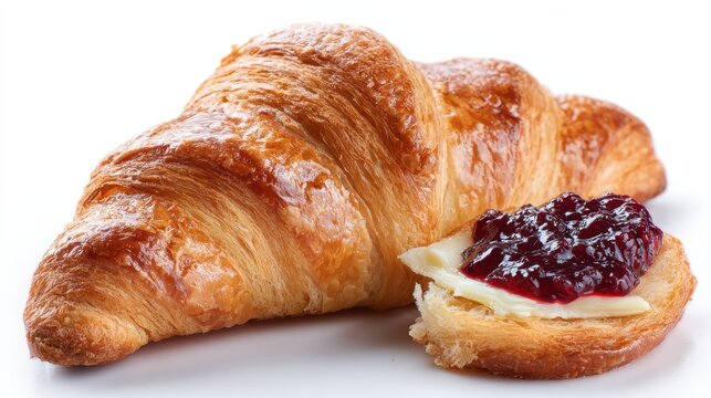 Fresh croissant with butter and berry jam on white background - Powered by Adobe