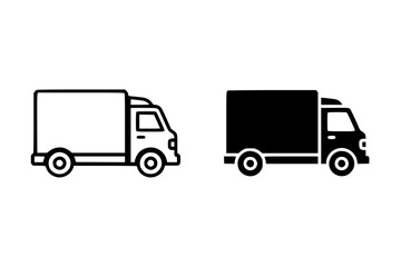Delivery truck icons: Outline and solid black silhouettes for logistics and shipping