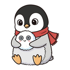 Penguin with Snowball: An adorable penguin with a charming red scarf, embraces a cuddly snowball, spreading joy and warmth.