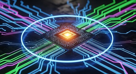 Futuristic Microchip with Glowing Circuitry and Neon Ring.