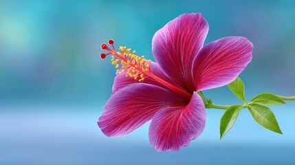 Close up macro shot of a vibrant pink hibiscus flower covered in water droplets with delicate green leaves against a soft blue bokeh background during daylight