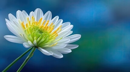 Close up macro shot of a vibrant white chrysanthemum flower in full bloom with yellow and green center details set against a soft blurry blue background with soft natural lighting