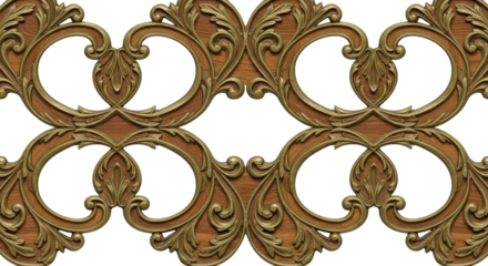 Ornate wooden panel: A finely crafted ornate wooden panel with intricate, swirling designs and golden accents, an emblem of timeless craftsmanship and artistry.
