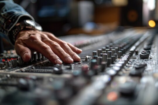 Audio engineer adjusts sound settings on a large mixing console during a recording session in a studio space filled with musical equipment