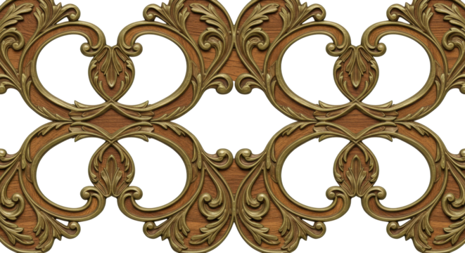 Ornate wooden panel: A finely crafted ornate wooden panel with intricate, swirling designs and golden accents, an emblem of timeless craftsmanship and artistry.