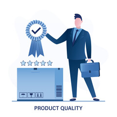 Delivery service, cardboard box or parcel. Businessman performs quality control to verify quality and provides certified results. Product quality. Best service or product.