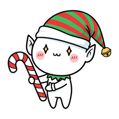 Whimsical Elf with Candy Cane: A cheerful cartoon elf, adorned in a festive striped hat, merrily holds a candy cane, embodying the playful spirit of Christmas.