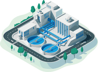 isometric water treatment plant illustration, modern wastewater purification facility, clean water management system, environmental engineering design, urban infrastructure technology concept