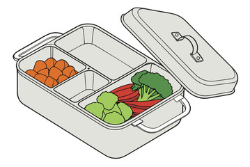 Isometric bento box illustration containing vegetables and snacks vector design for lunchbox concepts and healthy eating