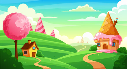 Naklejka premium Candy Land Landscape with Ice Cream Cone House and Pink Tree Illustration