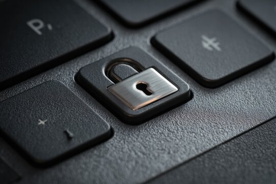 Close-up of laptop keyboard showing password input field lock symbol representing security and privacy for computer users at home or office during the daytime