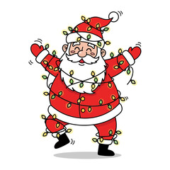 Santa's Festive Dance: A joyful illustration of Santa Claus, wrapped in twinkling fairy lights, dancing merrily, embodying the holiday spirit and festive cheer.