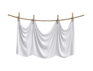White fabric drapes, hanging from a rope with clothespins