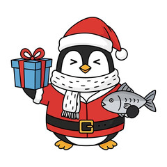 Festive Penguin's Holiday Cheer: A charming penguin, adorned in a Santa Claus suit, presents gifts and a delightful fish. Capturing the season's joy.