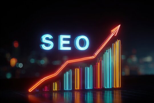 Colorful SEO text with an arrow showing growth on a digital backdrop highlighting modern marketing strategies and online business trends