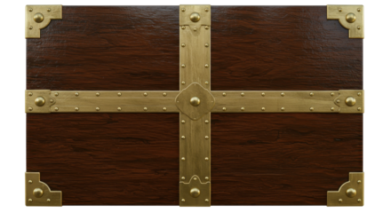 Antique Treasure Chest: A close-up view unveils the intricate detail of an aged wooden chest, accentuated with gilded metal bands and corner pieces, hinting at a trove of history and untold stories.
